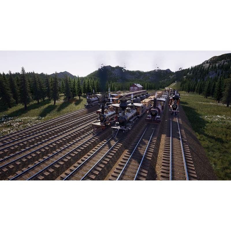 Captura de pantalla del gameplay de Railroads Online! para PlayStation 5 mostrando la construcción de vías y trenes.