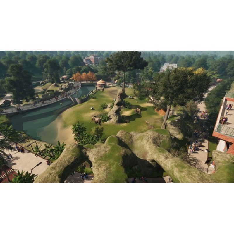 Captura de pantalla del gameplay de Planet Zoo en PlayStation 5 mostrando la construcción de un zoológico.