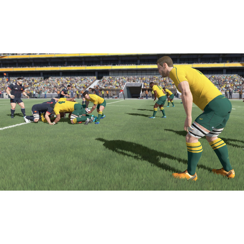 Captura de pantalla del gameplay de Rugby 18 para PlayStation 4 mostrando acción en el campo de juego