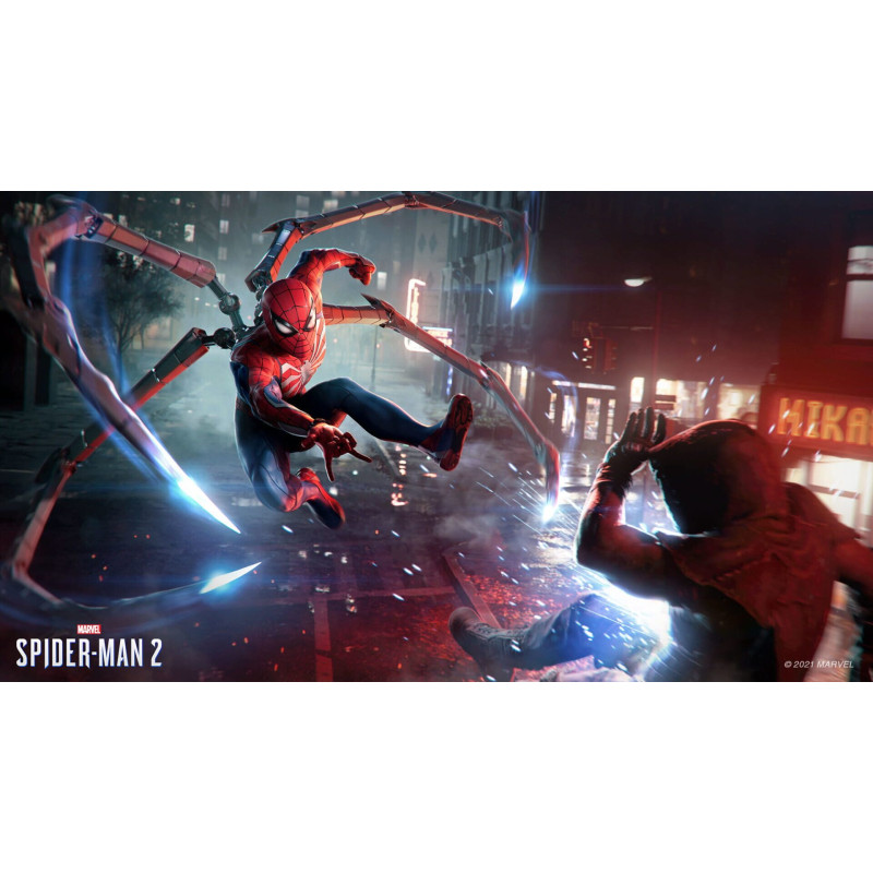 Captura de pantalla del gameplay de Marvel Spider-Man 2 para PlayStation 5 mostrando acción emocionante en la ciudad.