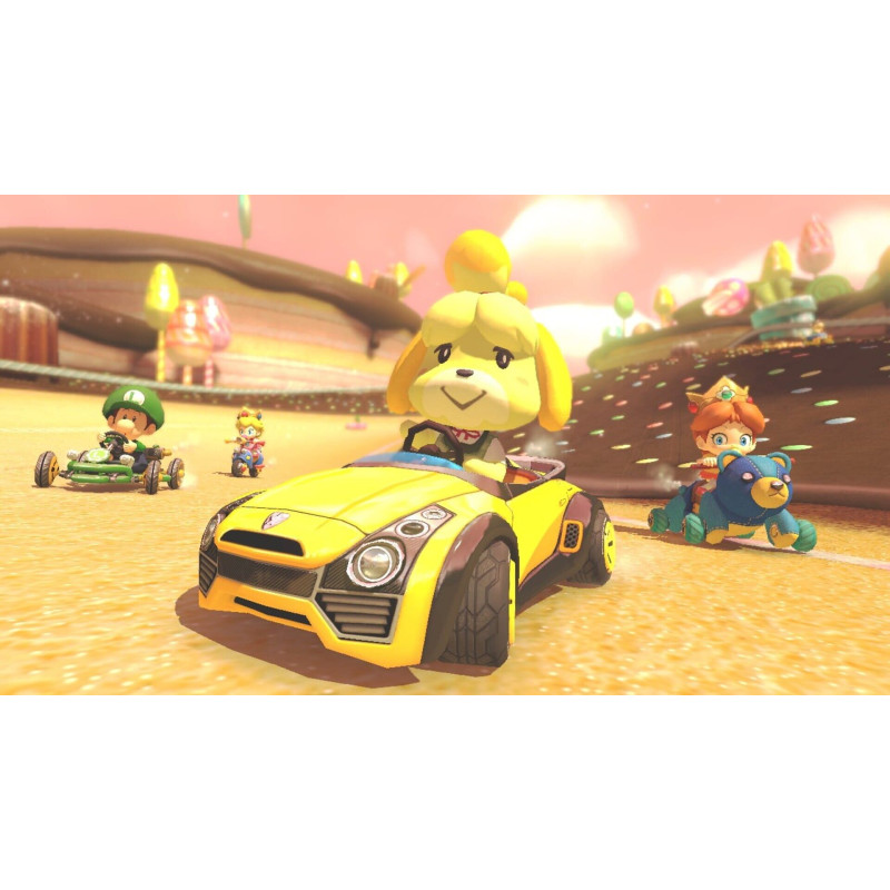 Captura de pantalla del gameplay de Mario Kart 8 Deluxe para Nintendo Switch mostrando una emocionante carrera