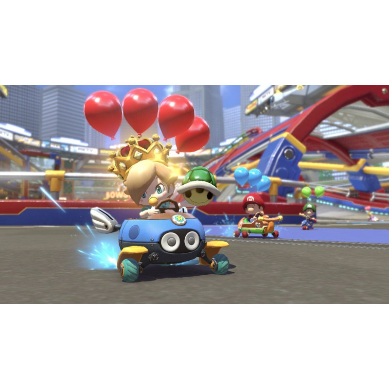 Captura de pantalla del gameplay de Mario Kart 8 Deluxe para Nintendo Switch mostrando una emocionante carrera