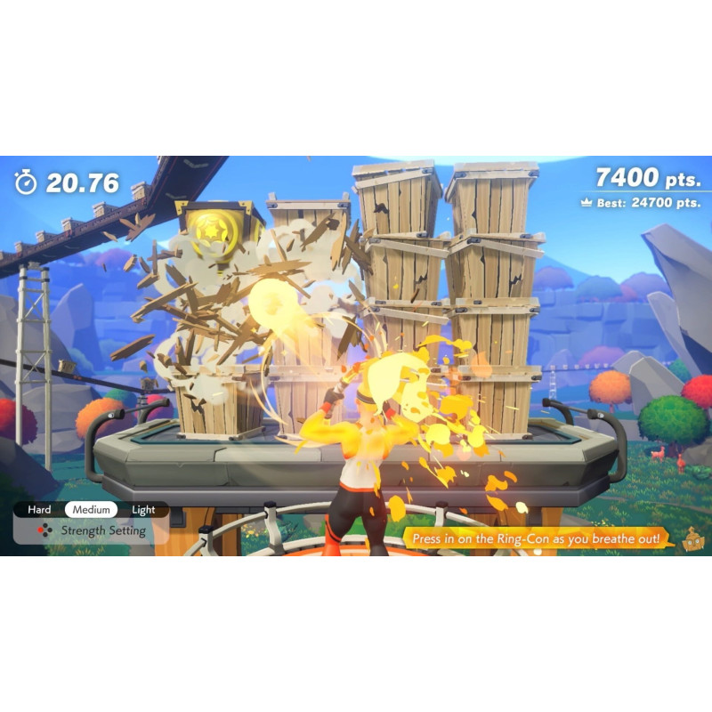 Captura de pantalla del gameplay de Ring Fit Adventure para Nintendo Switch mostrando una escena de ejercicio divertido