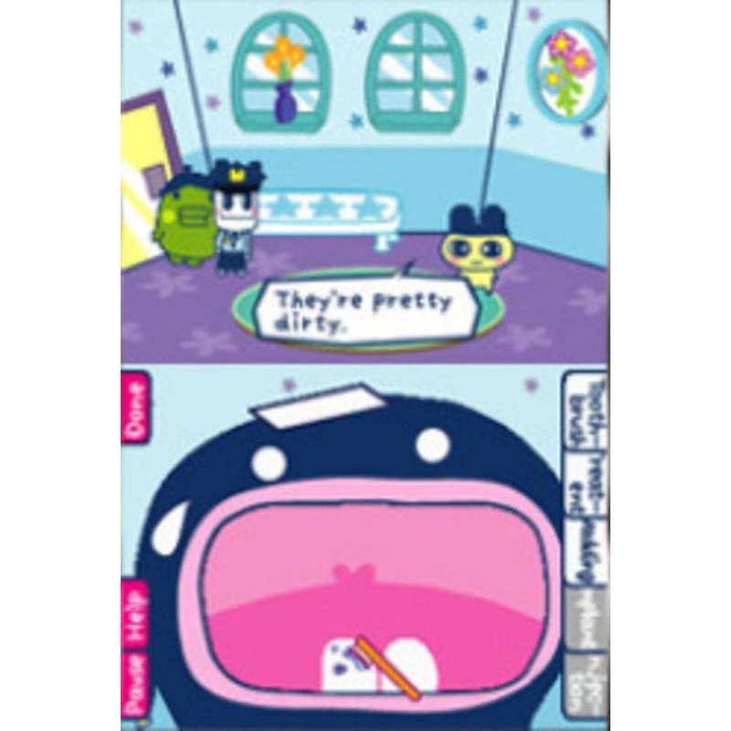 Captura de pantalla del gameplay de Tamagotchi Plaza para Nintendo Switch mostrando la interacción con mascotas virtuales