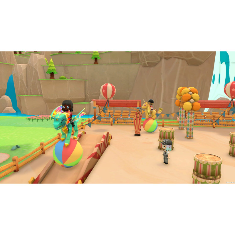Captura de pantalla del gameplay de My Fantastic Ranch para PlayStation 5 mostrando la interacción con los animales.