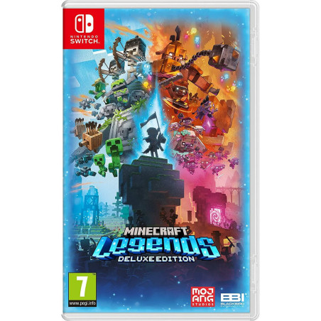 Portada del videojuego Minecraft Legends DLX para Nintendo Switch con gráficos coloridos y personajes icónicos