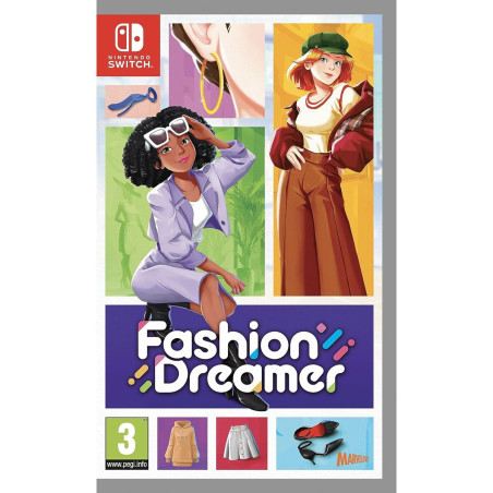 Portada del videojuego Fashion Dreamer para Nintendo Switch con diseño colorido y personajes estilizados.