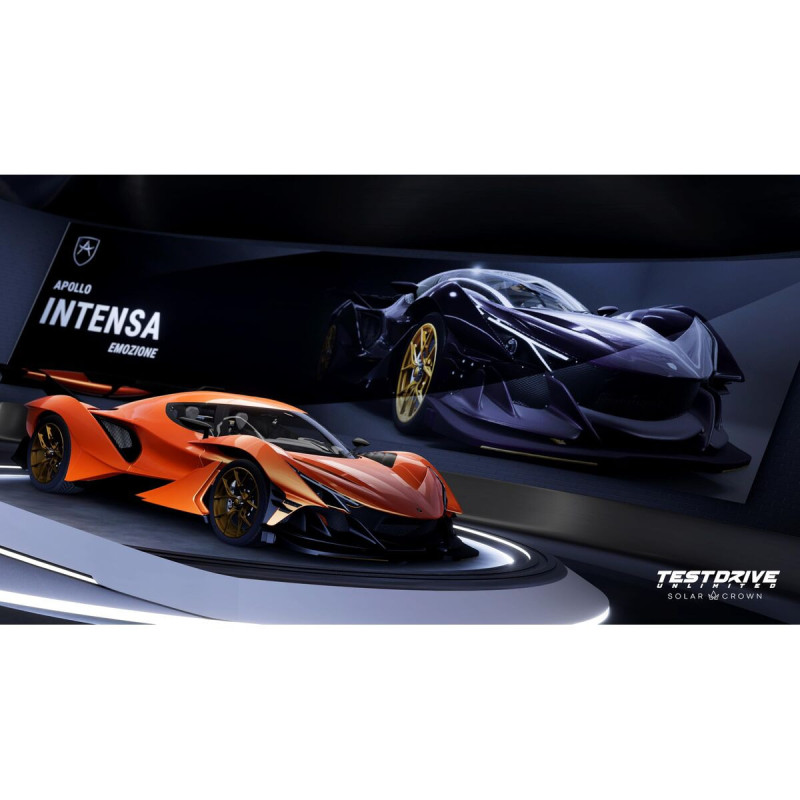 Portada de Test Drive Unlimited Solar Crown para PlayStation 5 con coches deportivos en un paisaje urbano