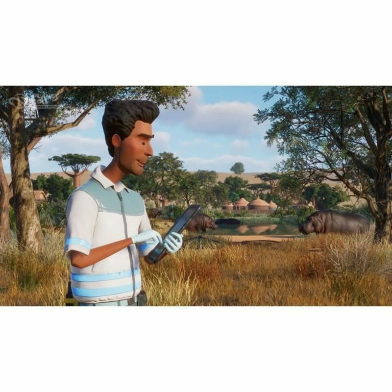 Portada del videojuego Planet Zoo para PlayStation 5 con diseño colorido y animales en su hábitat.