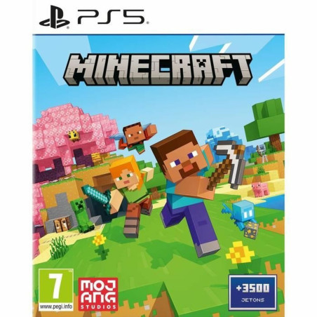 Portada del videojuego Minecraft para PlayStation 5 con gráficos coloridos y personajes icónicos del juego.