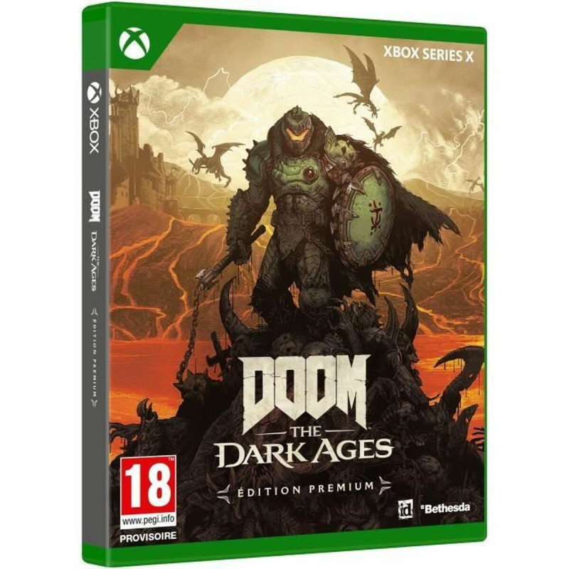 Portada del videojuego DOOM: THE DARK AGES para Xbox con diseño impactante y personajes icónicos.