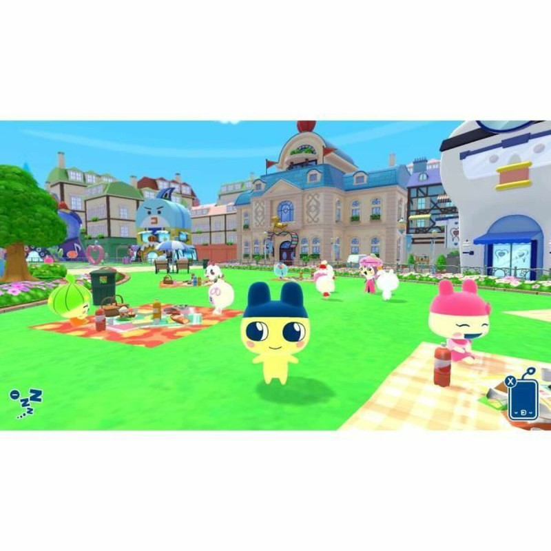 Captura de pantalla de Tamagotchi Plaza para Nintendo Switch mostrando la interacción con mascotas virtuales.
