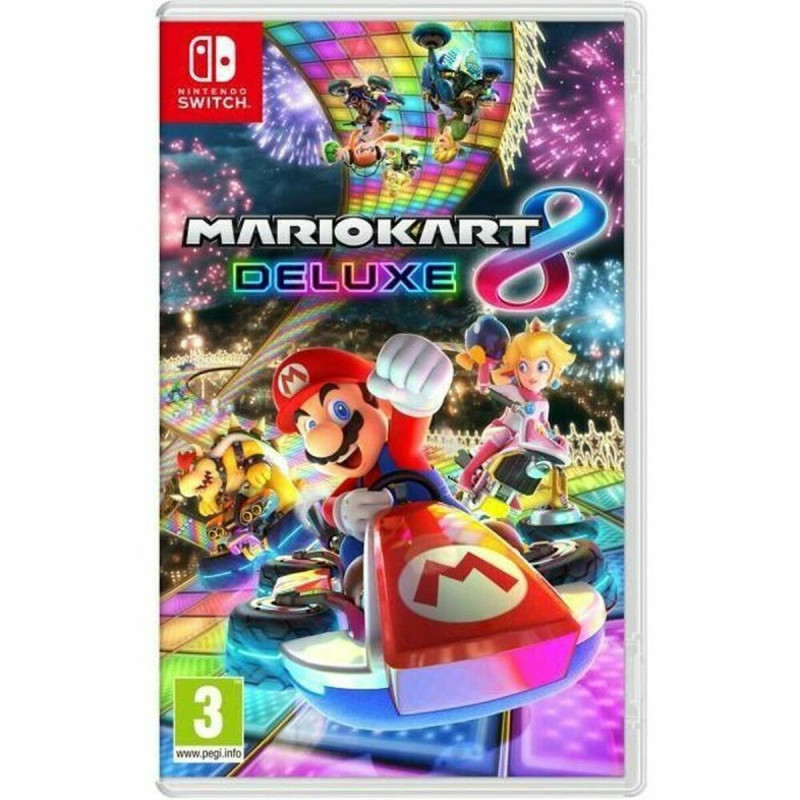 Portada de Mario Kart 8 Deluxe para Nintendo Switch con personajes y vehículos en acción