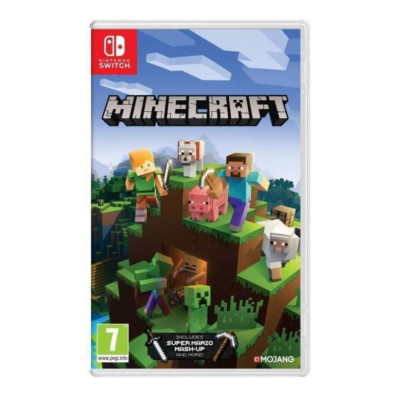 Portada del videojuego Minecraft para Nintendo Switch con gráficos coloridos y personajes icónicos del juego