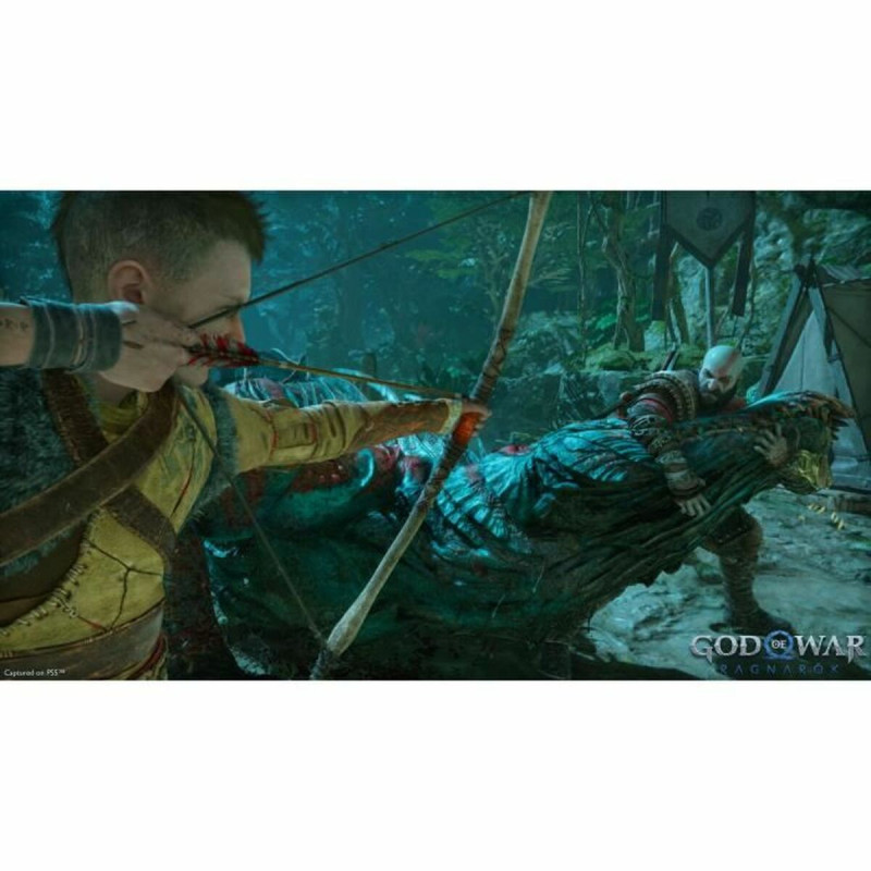Captura de pantalla del videojuego God of War: Ragnarök para PlayStation 5 mostrando una intensa batalla