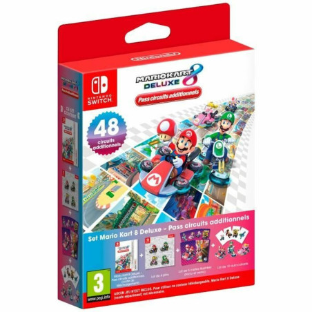 Portada del videojuego Mario Kart Deluxe para Nintendo Switch con personajes y vehículos coloridos