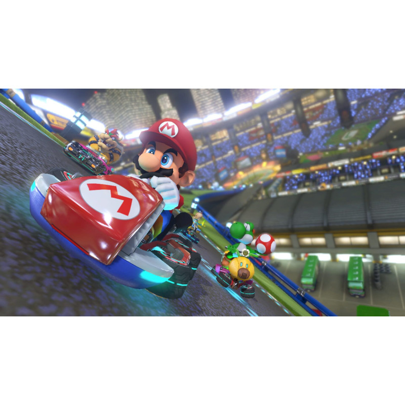 Captura de pantalla del gameplay de Mario Kart 8 Deluxe para Nintendo Switch mostrando una emocionante carrera