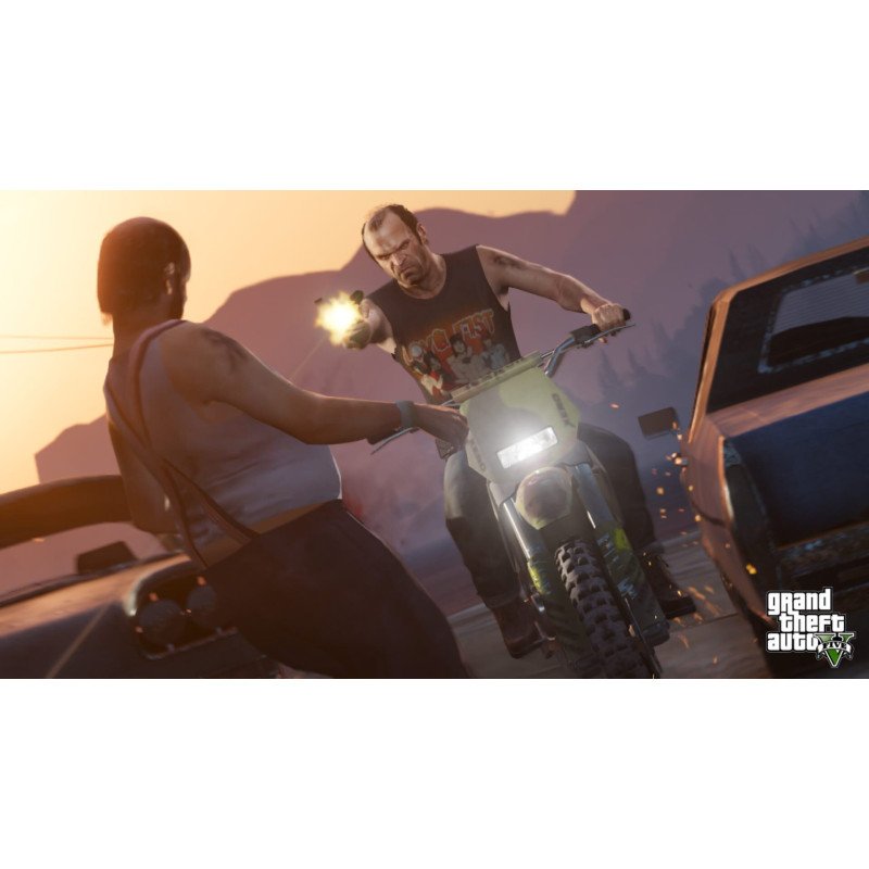 Captura de pantalla del gameplay de GTA V para PlayStation 5 mostrando acción intensa en la ciudad