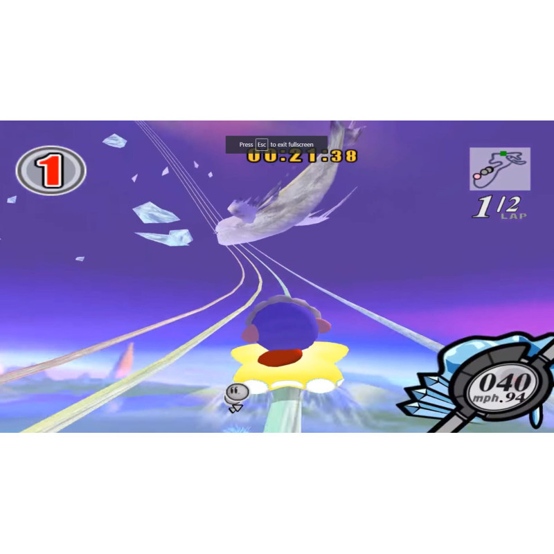 Captura de pantalla del gameplay de Kirby Air Riders para Nintendo Switch mostrando acción en el juego.
